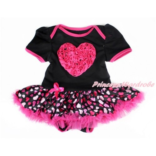 Valentine's Day Black Baby Bodysuit Jumpsuit Hot Light Pink Heart Pettiskirt with Hot Pink Rosettes Heart Print JS2988 