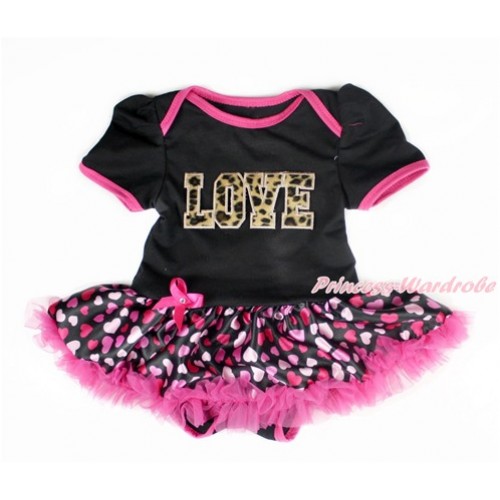 Valentine's Day Black Baby Bodysuit Jumpsuit Hot Light Pink Heart Pettiskirt with Leopard LOVE Print JS2989 