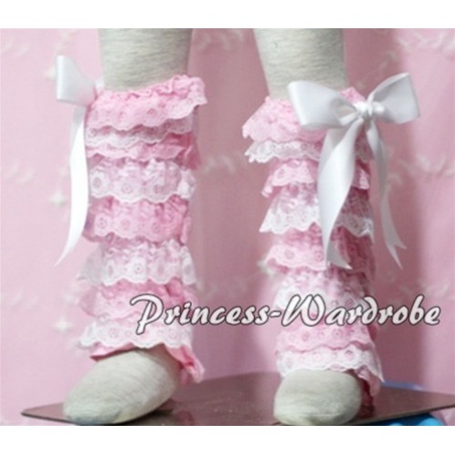 Baby Light Pink White Lace Leg Warmers Leggings with White Ribbon LG101 