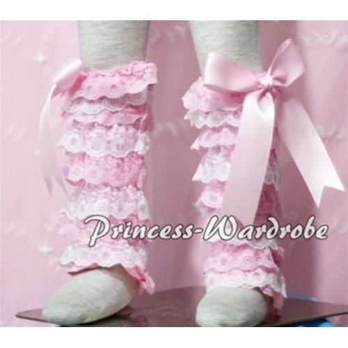 Baby Light Pink White Lace Leg Warmers Leggings with Light Pink Ribbon LG102 