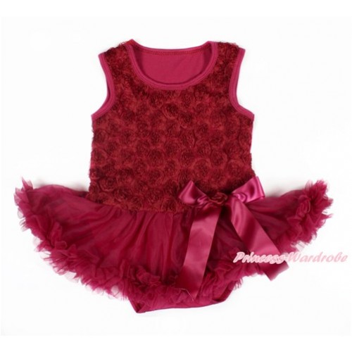 Valentine's Day Raspberry Wine Red Romanatic Rose Baby Bodysuit Jumpsuit Raspberry Wine Red Pettiskirt & Raspberry Wine Red Bow JS3015 