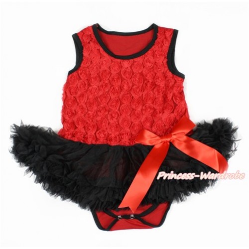 Valentine's Day Red Romanatic Rose Baby Bodysuit Jumpsuit Black Pettiskirt & Red Bow JS3019 