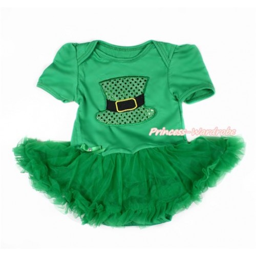 Kelly Green Baby Bodysuit Jumpsuit Kelly Green Pettiskirt with Sparkle Kelly Green Hat Print JS3021 