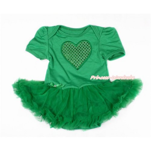 Valentine's Day Kelly Green Baby Bodysuit Jumpsuit Kelly Green Pettiskirt with Sparkle Kelly Green Heart Print JS3022 