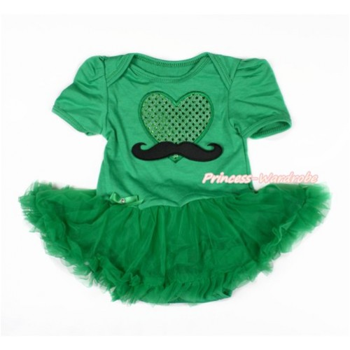 Valentine's Day Kelly Green Baby Bodysuit Jumpsuit Kelly Green Pettiskirt with Mustache Sparkle Kelly Green Heart Print JS3023 