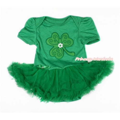 St Patrick's Day Kelly Green Baby Bodysuit Jumpsuit Kelly Green Pettiskirt with Clover Print JS3024 