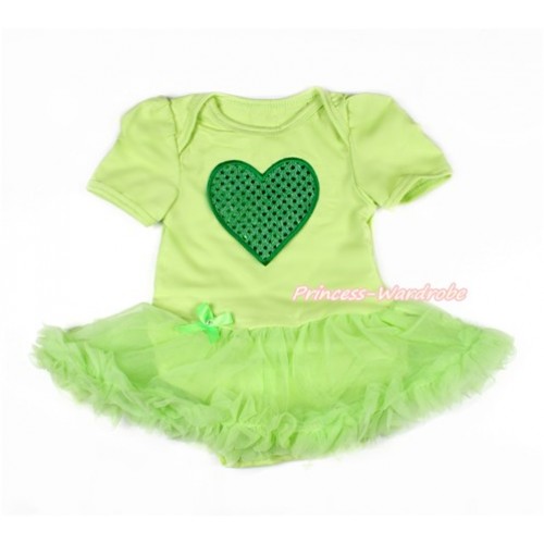 Valentine's Day  Light Green Baby Bodysuit Jumpsuit Light Green Pettiskirt with Sparkle Kelly Green Heart Print JS3028 