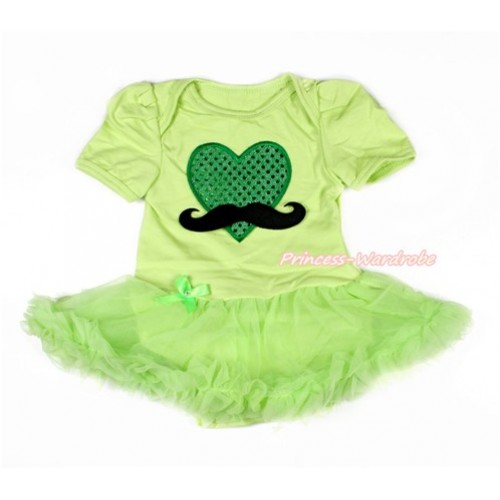 Valentine's Day Light Green Baby Bodysuit Jumpsuit Light Green Pettiskirt with Mustache Sparkle Kelly Green Heart Print JS3029 