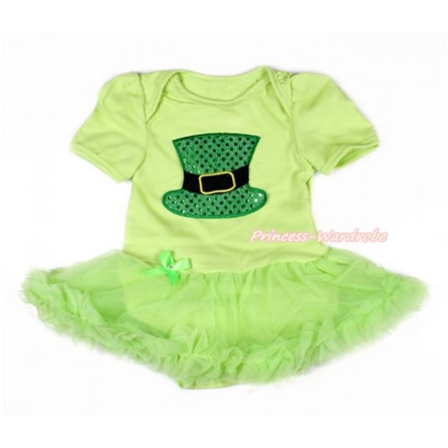 Light Green Baby Bodysuit Jumpsuit Light Green Pettiskirt with Sparkle Kelly Green Hat Print JS3030 