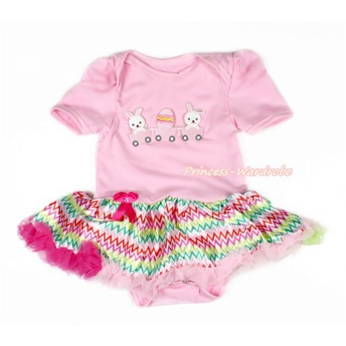 Easter Light Pink Baby Bodysuit Jumpsuit Rainbow Wave Pettiskirt with Bunny Rabbit Egg Print JS3032 