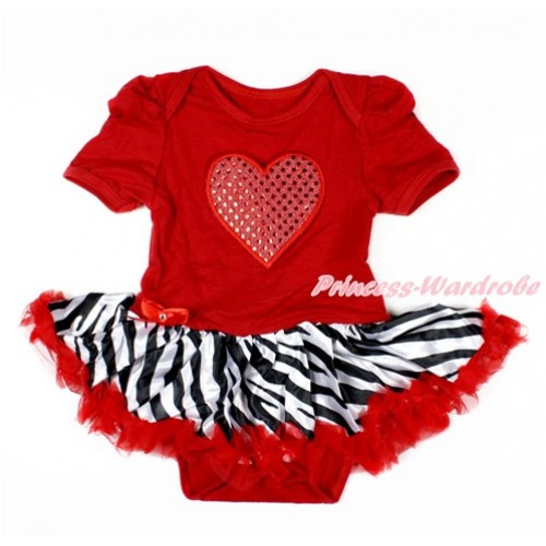 Valentine's Day Red Baby Bodysuit Jumpsuit Red Zebra Pettiskirt with Sparkle Red Heart Print JS3035 