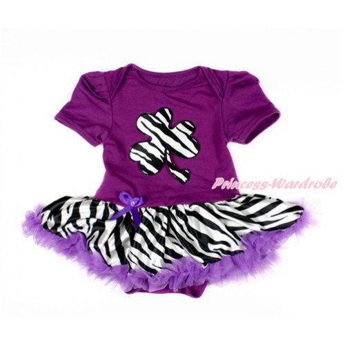 St Patrick's Day Dark Purple Baby Bodysuit Jumpsuit Dark Purple Zebra Pettiskirt with Zebra Clover Print JS3036 