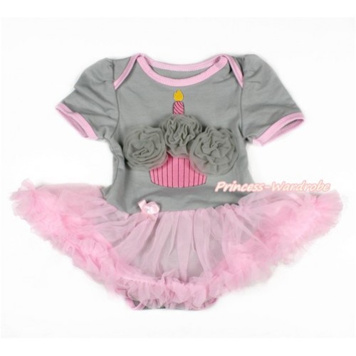 Grey Baby Jumpsuit Light Pink Pettiskirt with Grey Rosettes Birthday Cake Print JS3063 