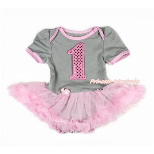 Grey Baby Jumpsuit Light Pink Pettiskirt with 1st Sparkle Light Pink Birthday Number Print JS3064 