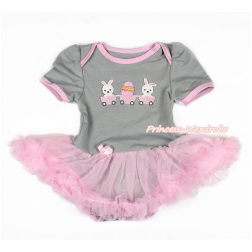 Easter Grey Baby Jumpsuit Light Pink Pettiskirt with Bunny Rabbit Egg Print JS3066 