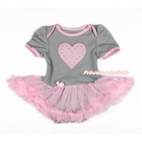 Valentine's Day Grey Baby Jumpsuit Light Pink Pettiskirt with Light Pink Heart Print JS3069 