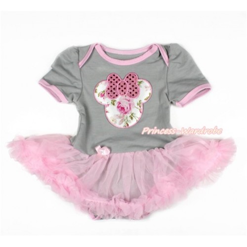 Grey Baby Jumpsuit Light Pink Pettiskirt with Sparkle Light Pink Rose Minnie Print JS3071 