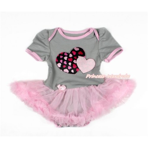 Valentine's Day Grey Baby Jumpsuit Light Pink Pettiskirt with Light Pink Sweet Twin Heart Print JS3072 