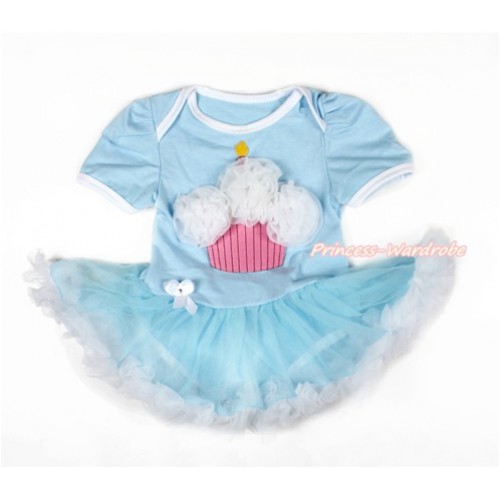 Light Blue Baby Jumpsuit Light Blue White Pettiskirt with White Rosettes Birthday Cake Print JS3073 