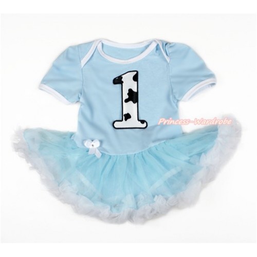 Light Blue Baby Jumpsuit Light Blue White Pettiskirt with 1st Milk Cow Birthday Number Print JS3077 