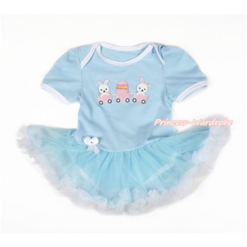 Easter Light Blue Baby Jumpsuit Light Blue White Pettiskirt with Bunny Rabbit Egg Print JS3081 