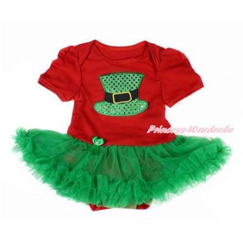 Red Baby Jumpsuit Kelly Green Pettiskirt with Sparkle Kelly Green Hat Print JS3093 