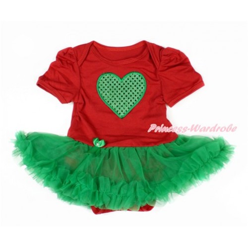 Valentine's Day Red Baby Jumpsuit Kelly Green Pettiskirt with Sparkle Kelly Green Heart Print JS3094 