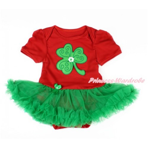 St Patrick's Day Red Baby Jumpsuit Kelly Green Pettiskirt with Clover Print JS3095 