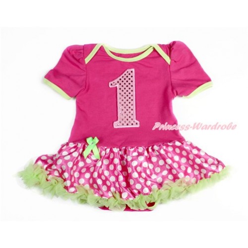 Hot Pink Baby Bodysuit Jumpsuit Hot Pink White Dots Pettiskirt with 1st Sparkle Light Pink Birthday Number Print JS3134 