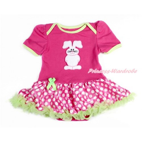 Easter Hot Pink Baby Bodysuit Jumpsuit Hot Pink White Dots Pettiskirt with Bunny Rabbit Print JS3136 