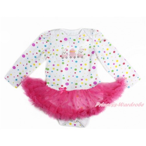 Easter White Rainbow Dots Long Sleeve Baby Bodysuit Jumpsuit Hot Pink Pettiskirt With Bunny Rabbit Egg Print JS3147 