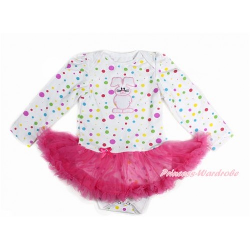 Easter White Rainbow Dots Long Sleeve Baby Bodysuit Jumpsuit Hot Pink Pettiskirt With Bunny Rabbit Print JS3149 