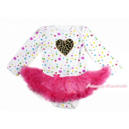 Valentine's Day White Rainbow Dots Long Sleeve Baby Bodysuit Jumpsuit Hot Pink Pettiskirt With Leopard Heart Print JS3150 