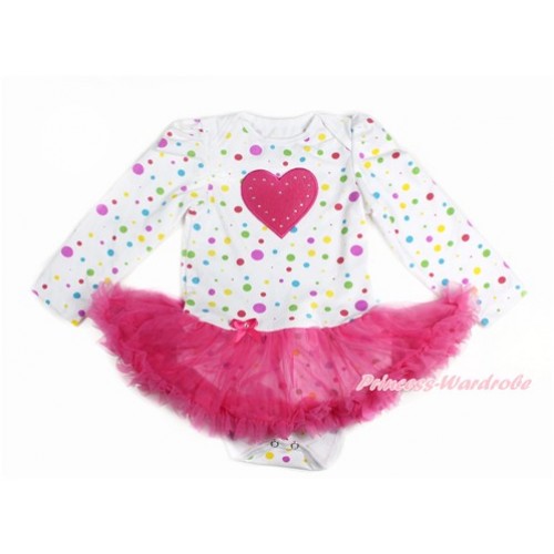 Valentine's Day White Rainbow Dots Long Sleeve Baby Bodysuit Jumpsuit Hot Pink Pettiskirt With Hot Pink Heart Print JS3153 