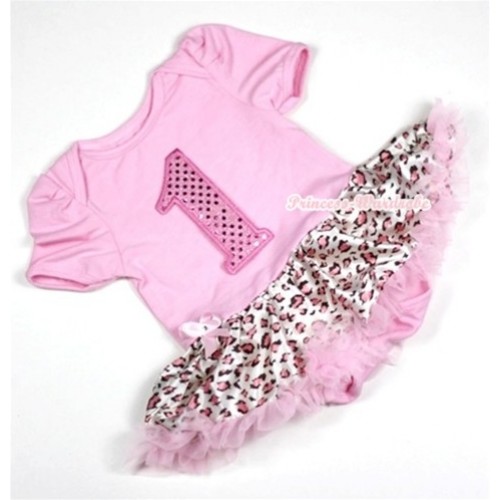 Light Pink Baby Jumpsuit Light Pink Leopard Pettiskirt with 1st Sparkle Light Pink Birthday Number Print JS213 