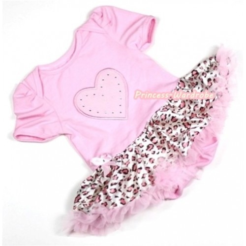 Light Pink Baby Jumpsuit Light Pink Leopard Pettiskirt with Light Pink Heart Print JS219 