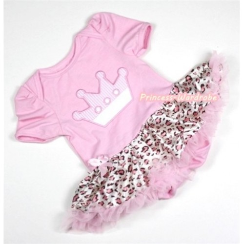 Light Pink Baby Jumpsuit Light Pink Leopard Pettiskirt with Crown Print JS221 