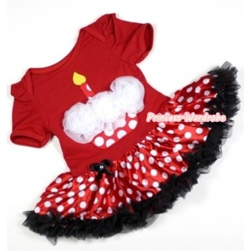 Red Baby Jumpsuit Minnie Dots Pettiskirt with White Rosettes Minnie Dots Birthday Cake Print JS230 