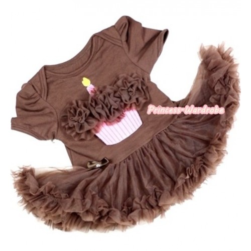 Brown Baby Jumpsuit Brown Pettiskirt with Brown Rosettes Birthday Cake Print JS244 