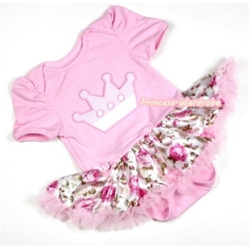 Light Pink Baby Jumpsuit Light Pink Rose Fusion Pettiskirt with Crown Print JS248 