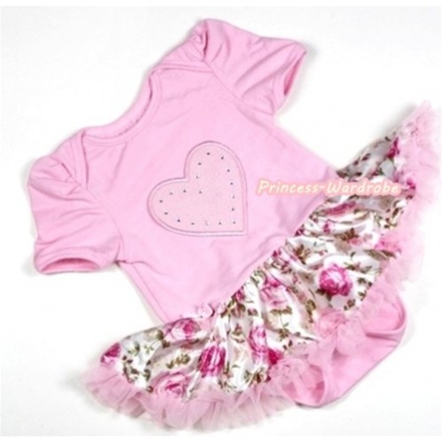 Light Pink Baby Jumpsuit Light Pink Rose Fusion Pettiskirt with Light Pink Heart Print JS250 