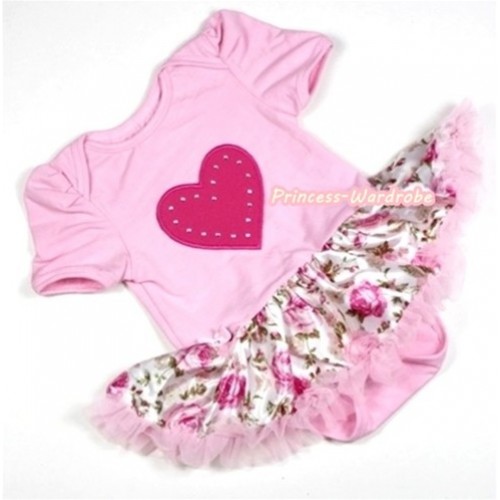 Light Pink Baby Jumpsuit Light Pink Rose Fusion Pettiskirt with Hot Pink Heart Print JS251 