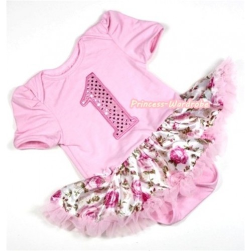 Light Pink Baby Jumpsuit Light Pink Rose Fusion Pettiskirt with 1st Sparkle Light Pink Birthday Number Print JS252 