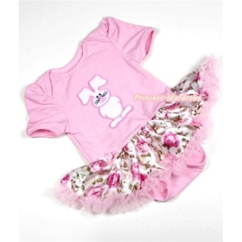 Light Pink Baby Jumpsuit Light Pink Rose Fusion Pettiskirt with Bunny Rabbit Print JS254 