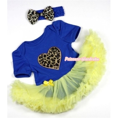 Royal Blue Baby Jumpsuit Yellow Pettiskirt With Leopard Heart Print With Royal Blue Headband Leopard Satin Bow JS284 