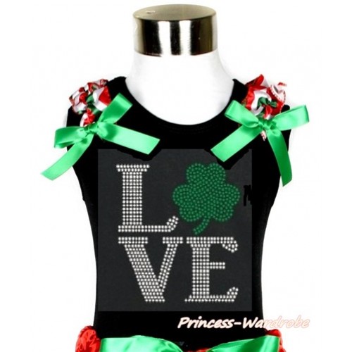 St Patrick's Day Black Tank Top With Red White Green Wave Ruffles & Kelly Green Bow With Sparkle Crystal Bling Rhinestone Love Clover Print TB678 