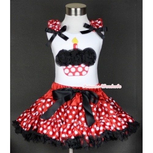 White Tank Top with Black Rosettes Minnie Dots Birthday Cake Print with Minnie Dots Ruffles & Black Bow & Minnie Polka Dots Pettiskirt MG425 