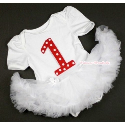 White Baby Jumpsuit White Pettiskirt with 1st Red White Polka Dots Birthday Number Print JS337 