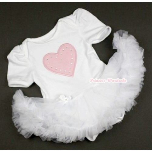 White Baby Jumpsuit White Pettiskirt with Light Pink Heart Print JS341 