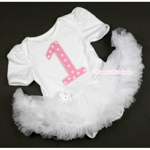 White Baby Jumpsuit White Pettiskirt with 1st Light Pink White Polka Dots Birthday Number Print JS342 